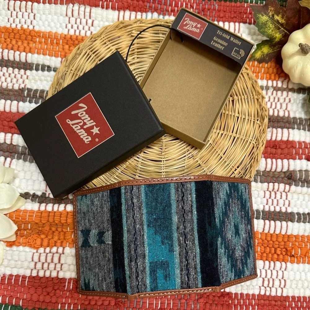 New Tony Lama Tri-Fold Wallet RFID Blue Aztec Canvas Leather Cowboy Western NWT